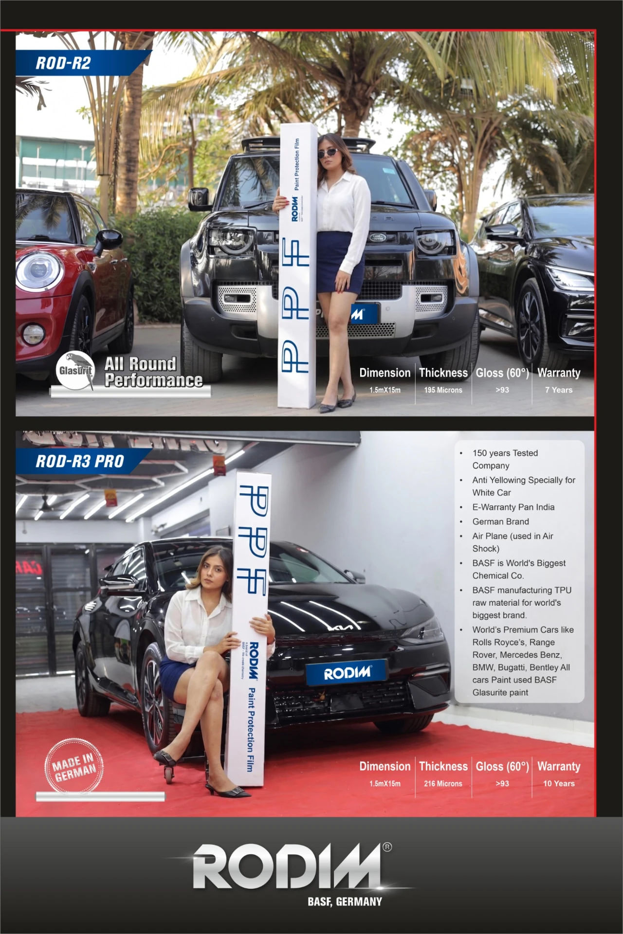 Supplied Rodim paint protection film promotional artwork showing product rolls and vehicles