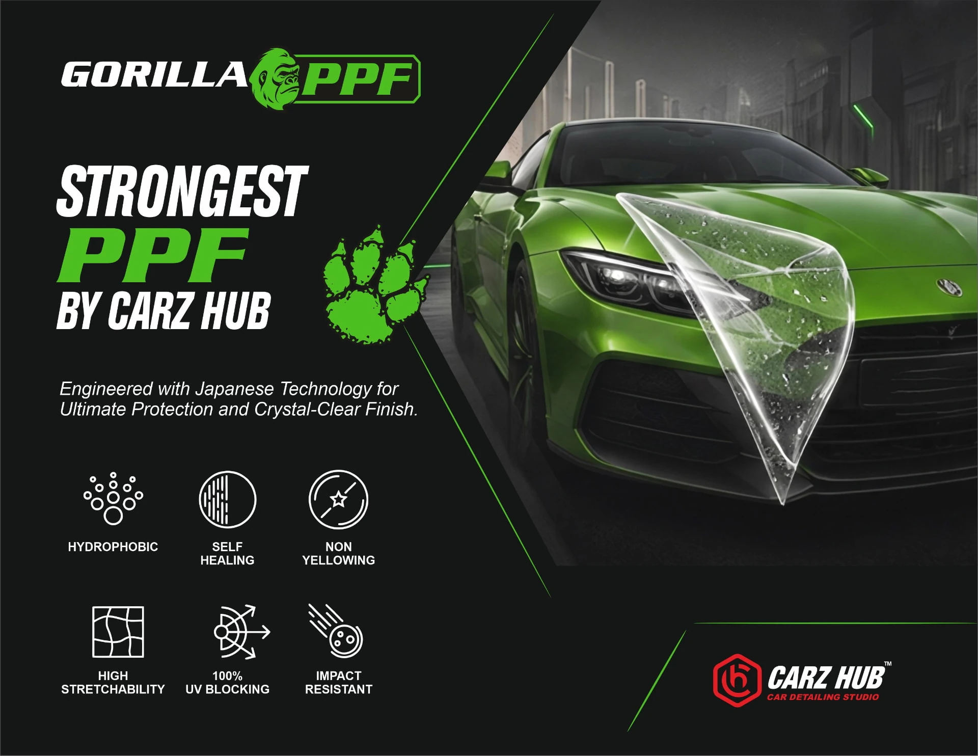Supplied Gorilla PPF promotional artwork featuring a green vehicle and Carz Hub branding